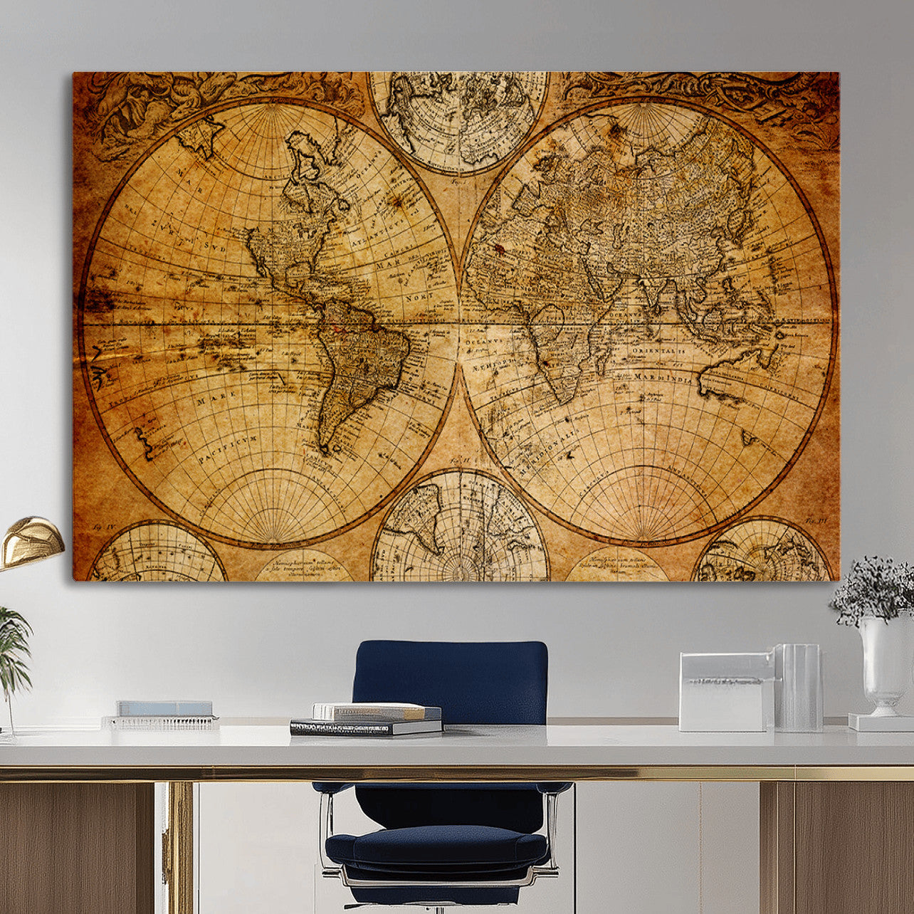 25517-MGV-CV-36X24 - Vintage World Map Canvas Print – Antique Push Pin Travel Map, Framed Wall Art for Home or Office Decor