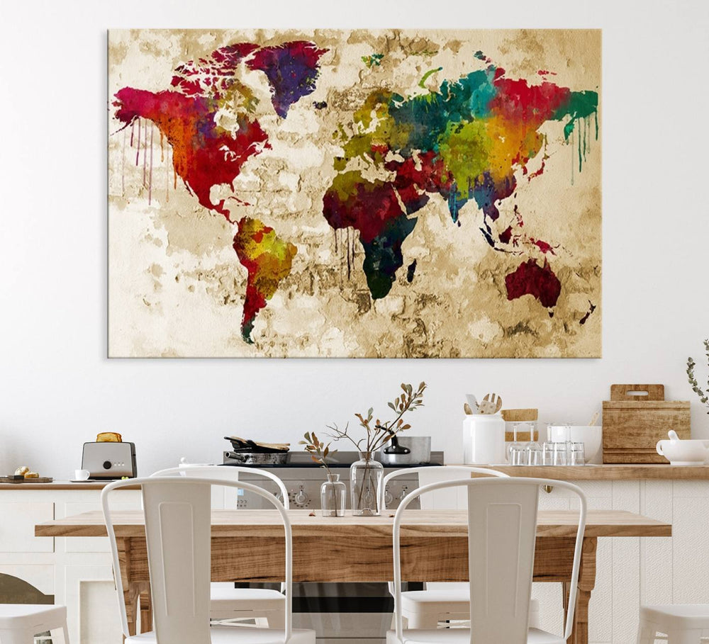 The Rainbow Colored Vintage World Map Canvas Print decorates the room.