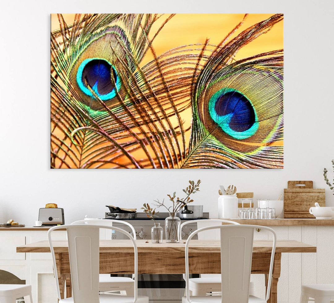 The room features vibrant peacock feather wall art.