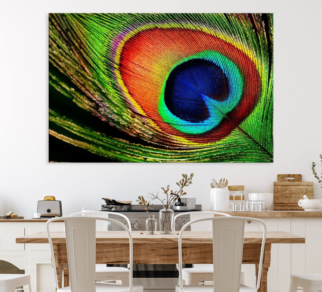 The Colorful Peacock Feather Wall Art Print graces the wall.