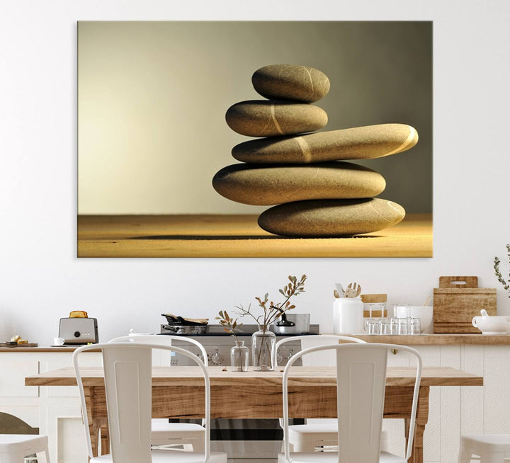 The Yellow Zen Stones on Yellow Background Wall Art is a striking feature in this minimalist kitchen.