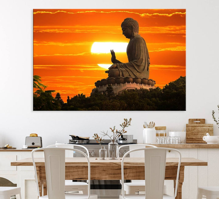 The Buddha Statue at Sunset canvas print adds serenity to the space.