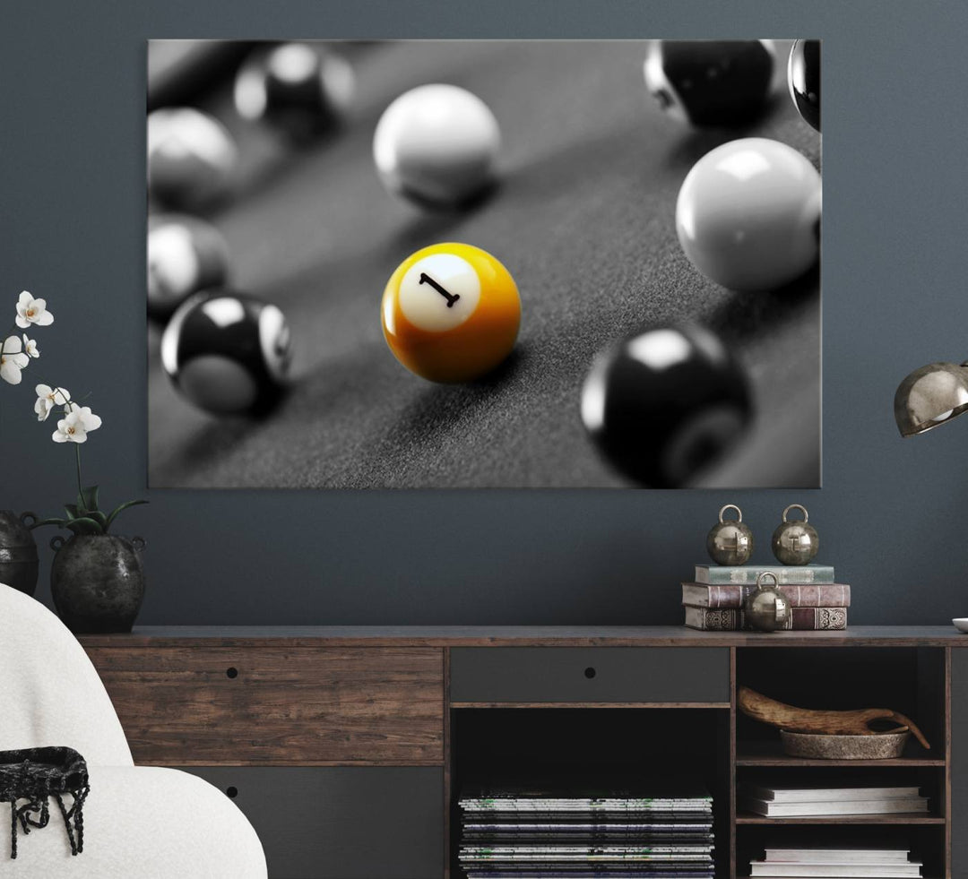 The Black and White Concept Billiard Balls Canvas Print elevates the space with museum-quality charm.