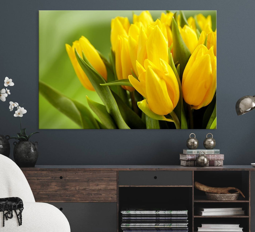 The Wall Art Yellow Tulips Canvas Print on a green background is featured.