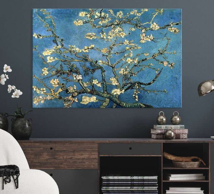 A Van Goghs Almond Blossom canvas print adds a touch of elegance to the wall.