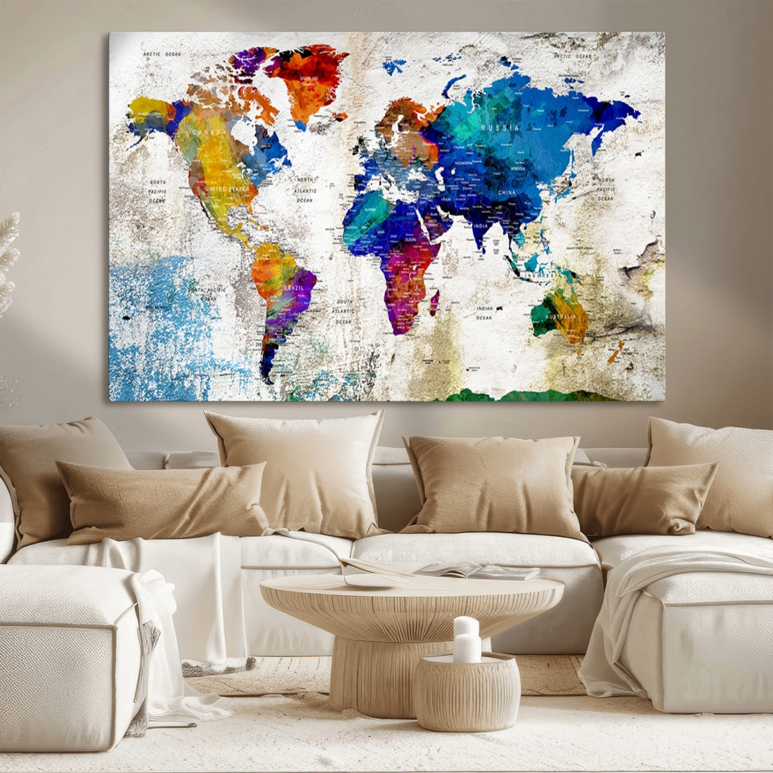 Navy Blue Watercolor World Map Canvas Print | Framed Travel Map Wall Art