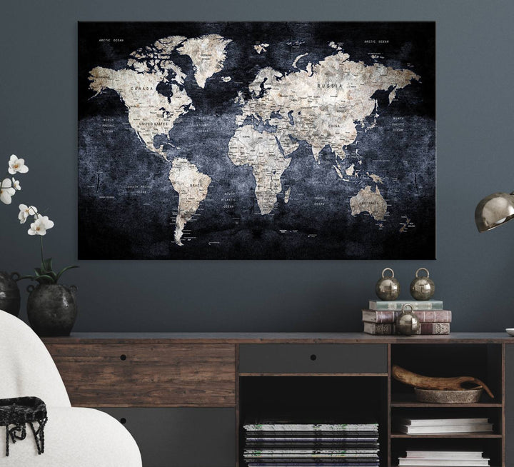 Rustic Black and Bronze World Map Canvas Triptych features white continents on a grunge-stained background.