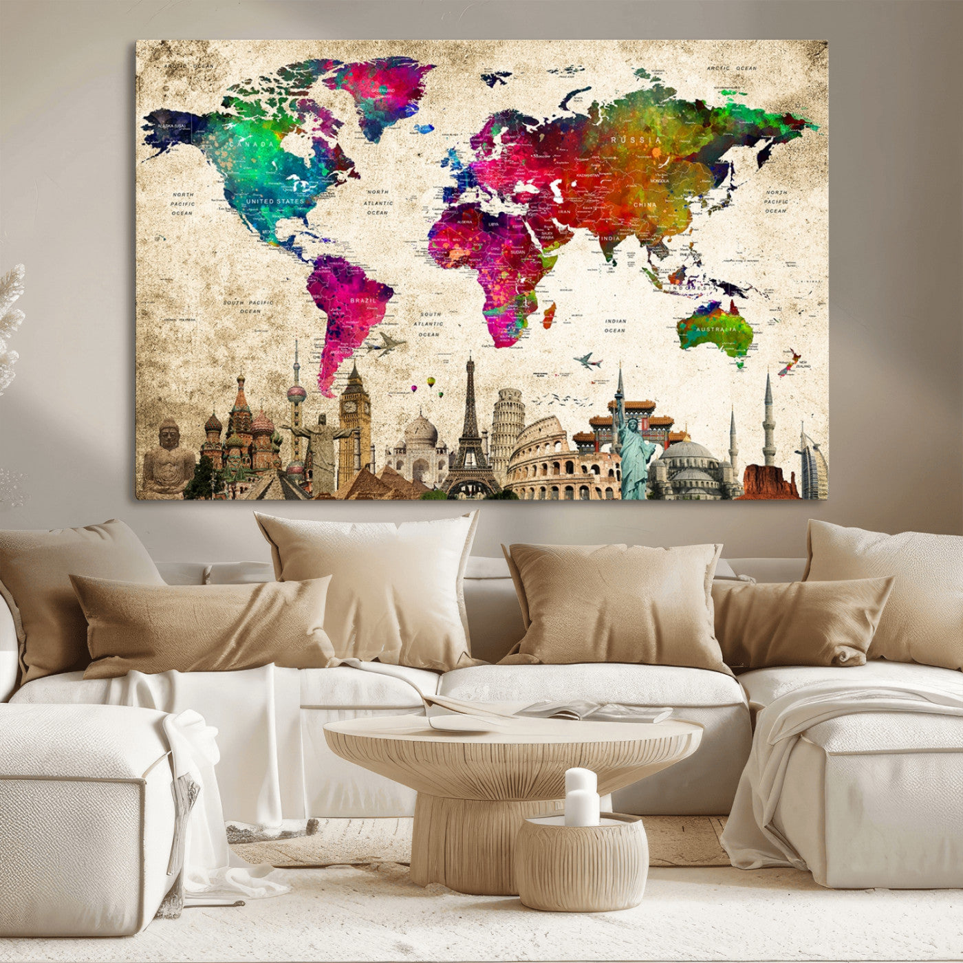 MGV-CV-36X24 - Push Pin World Map Canvas Print – Framed Wall Art for Couples to Track Their Travels – Anniversary