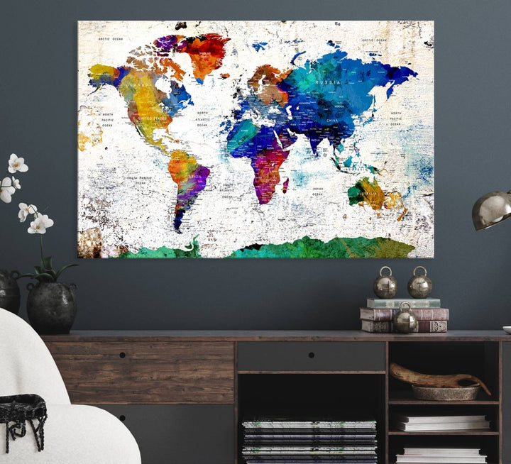 Colorful Abstract World Map Canvas Wall Art – Vibrant Contemporary Triptych Map Print – Framed Map Printing Decor for Living Room or Office