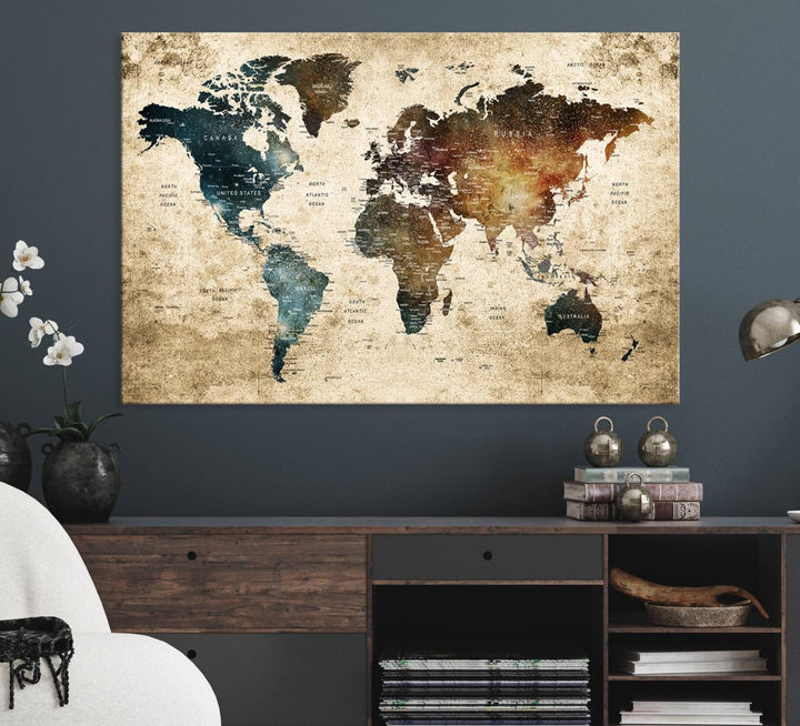 Vintage World Map Canvas Wall Art, perfect for antique-style decor, displayed against a light wood wall.