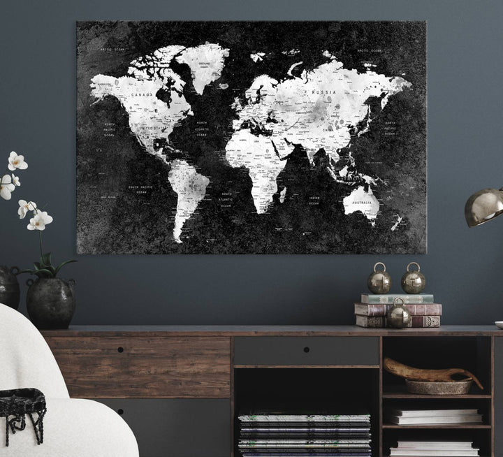 The dining room features a Modern Grayscale World Map 3-Panel Canvas Art as its focal point.