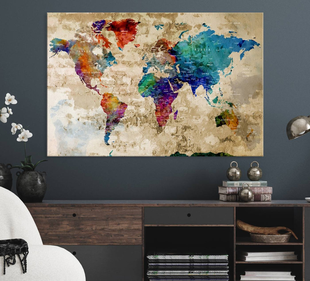 An Abstract Large Watercolor World Map Canvas Print hangs prominently.