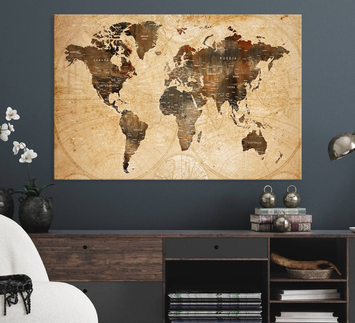 Vintage World Map Wall Art | 3 Panel Large Canvas Art | Antique World Map Canvas Print | Rustic Map Wall Art, Framed Gallery Wrapped