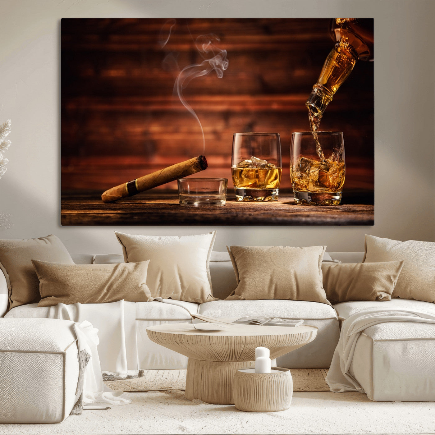 MGV-CV-36X24 - Whiskey and Cigar Wall Art Canvas | 3 Panel Bar Room Decor for Home Lounge, Office, or Man Cave |