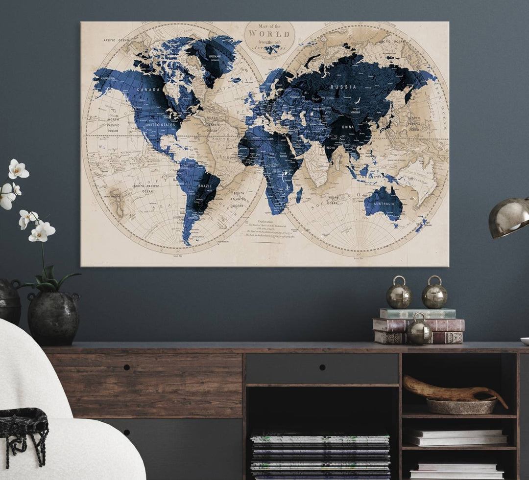 Vintage Triptych Map Print - Antique World Map Canvas Wall Art – Vintage Triptych Blue and Beige Map Print