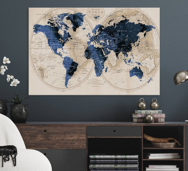 Vintage Triptych Map Print - Antique World Map Canvas Wall Art – Vintage Triptych Blue and Beige Map Print