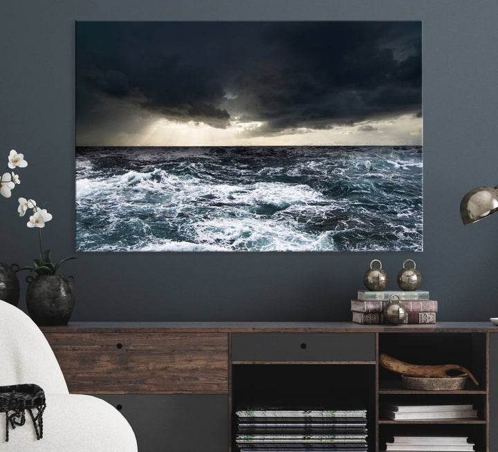 A Dark Clouds Stormy Sea canvas print, ready to hang, enhances the room.