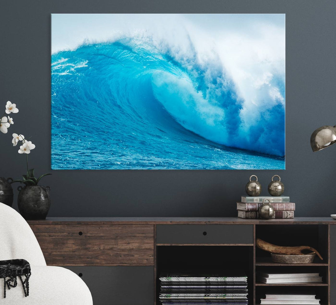 A museum-quality canvas depicting a vibrant blue ocean wave with white foam under a clear sky.