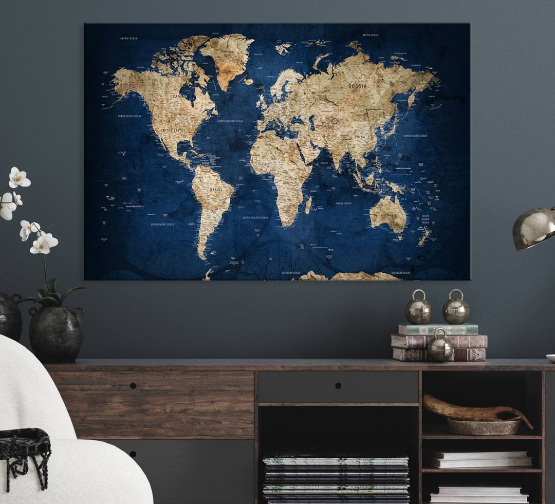 Classic Vintage Blue World Map Canvas Print featuring beige continents against a deep blue background.