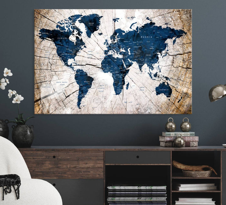 The Vintage World Map on Grunge Background Canvas serves as the focal point of the room.