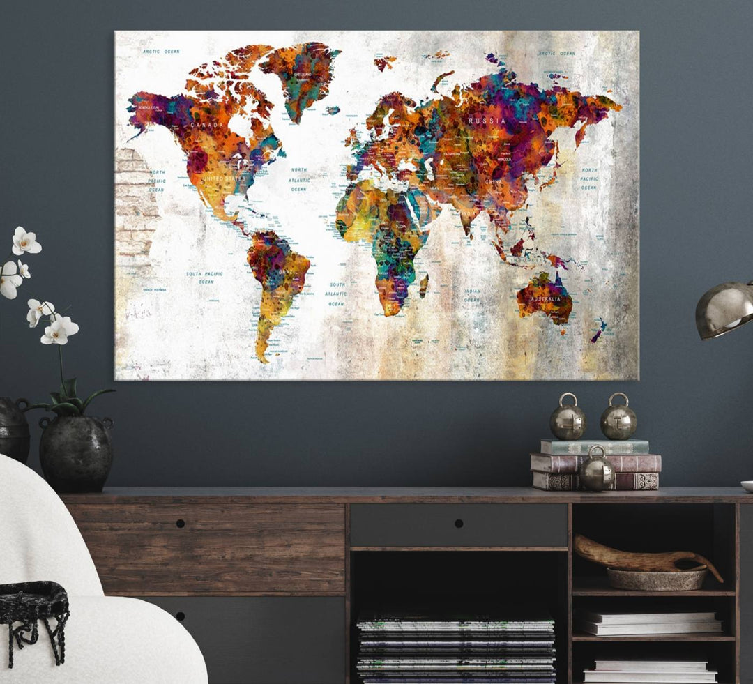 A vibrant Grunge Map Canvas Wall Art Set (3 Panels) for home or office decor, perfect for travel enthusiasts.