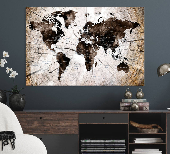 The Tree Ring World Map Canvas hangs above the table, blending into the nature-inspired setting.