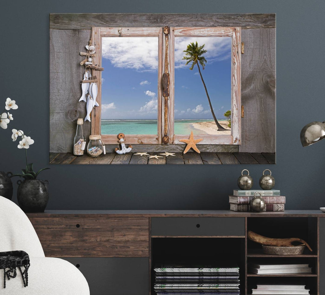 The Window Wall Art Relaxing Beach features seashells and a rustic window frame.