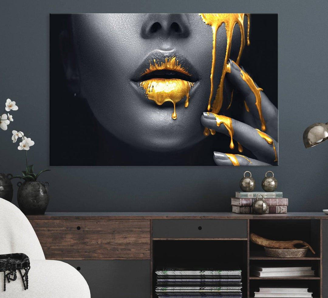 The Gold Lips and Black Woman Makeup Canvas Print features a chic monochrome face design, making it ideal for a modern dining room.