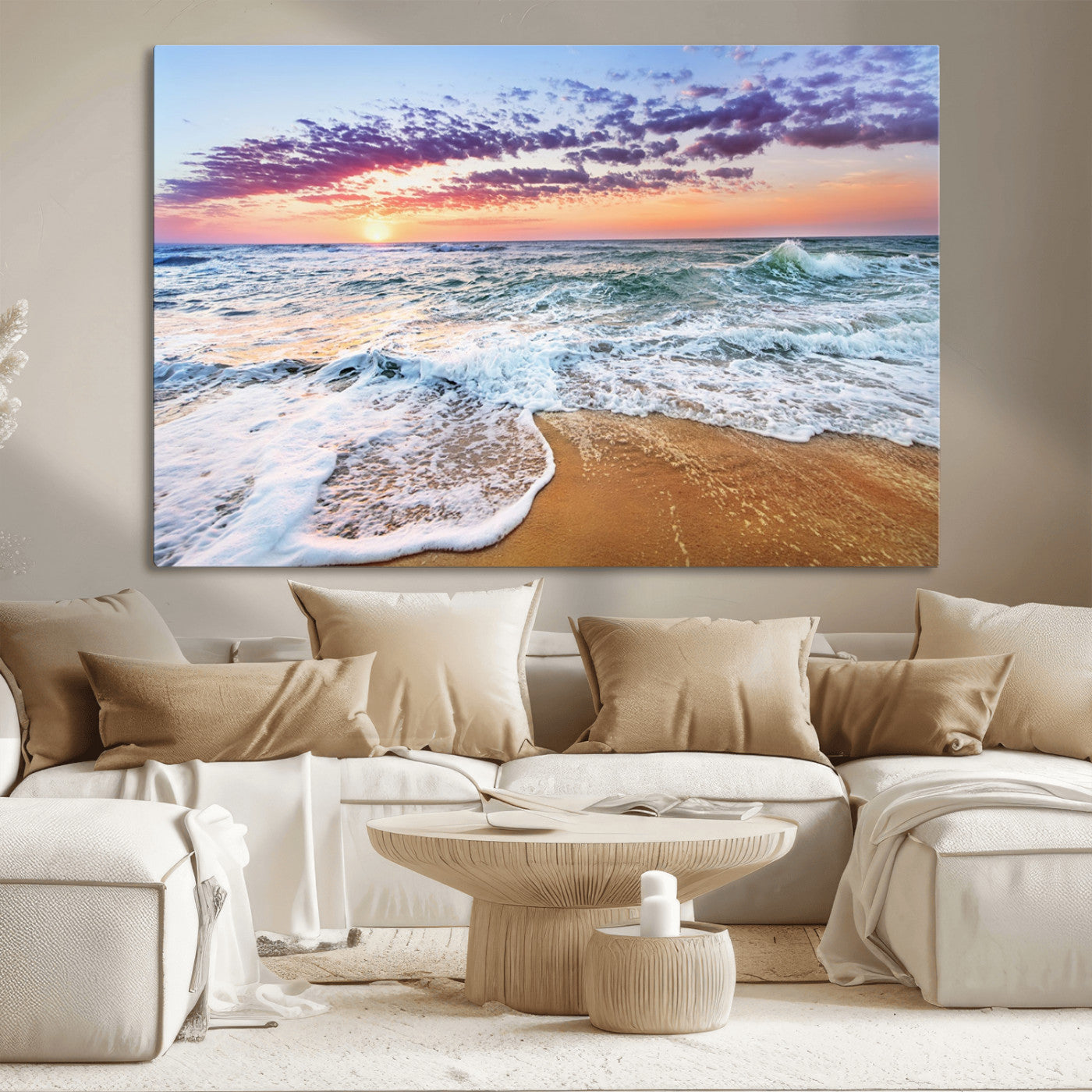 MGV-CV-36X24 - Coastal Sunset Art Beach Canvas Wall Art Print | Ocean Waves Wall Art | Large 3-Panel Seascape for