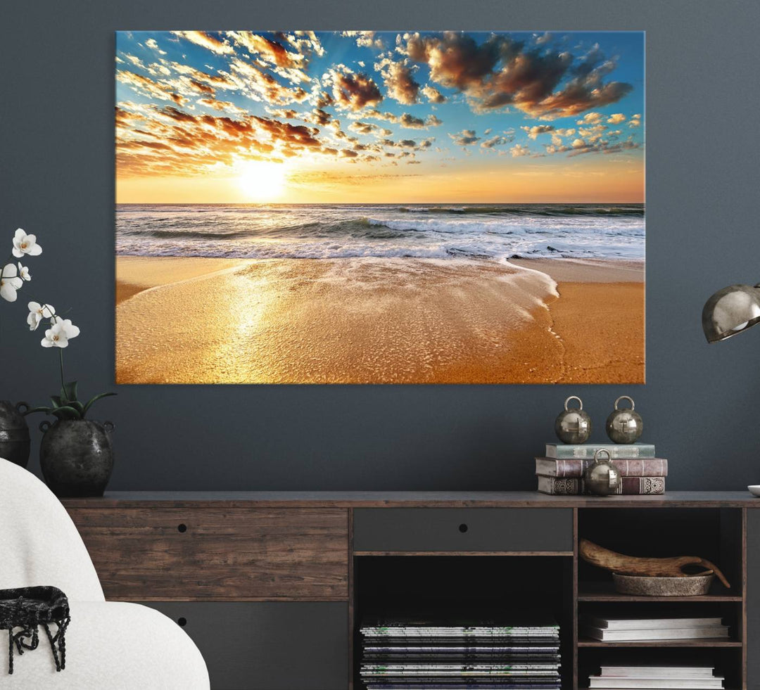 A gallery-wrapped canvas titled Soothing Sunset on Calm Beach is featured.