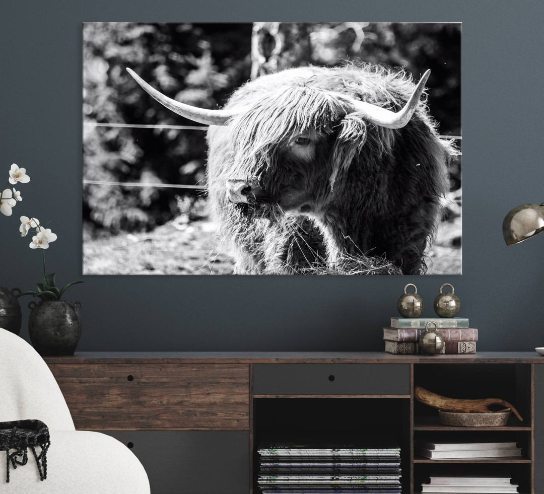 The black and white Highland Cow Canvas Wall Art adds farmhouse elegance to the space.