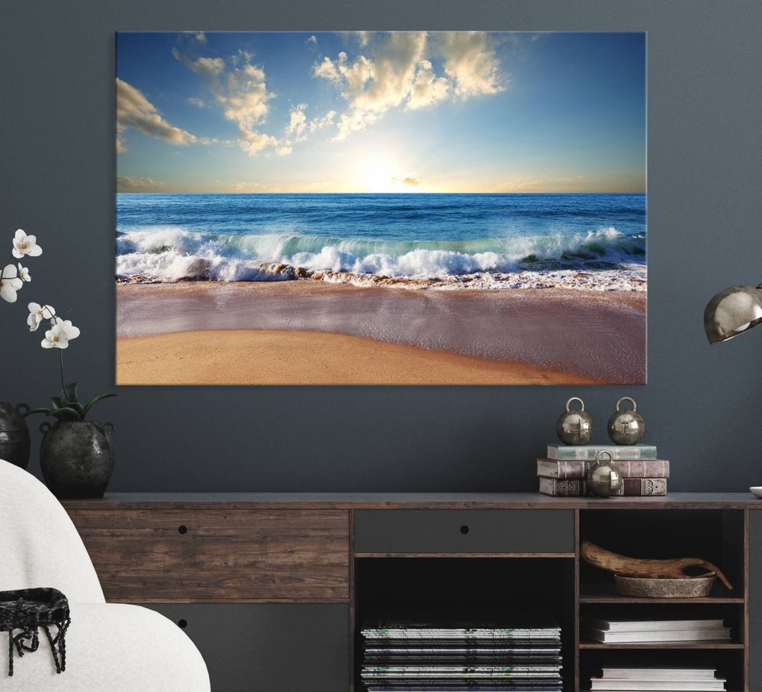 The dining room features a Coastal Tropical Beach Sunset canvas wall art.