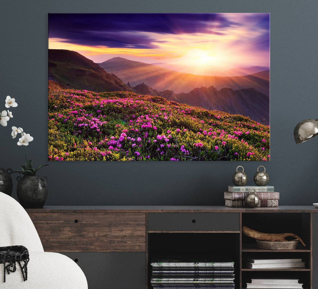 Gallery-wrapped wall art of a stunning mountain sunset and purple flowers.