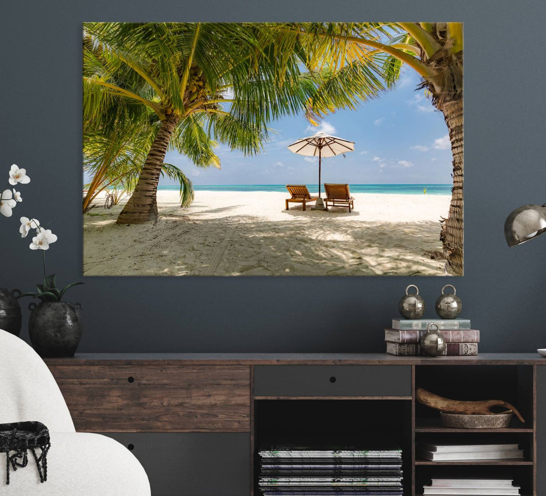 The canvas art print titled Lounge Chairs Palm Trees on Tropical Beach offers free shipping.