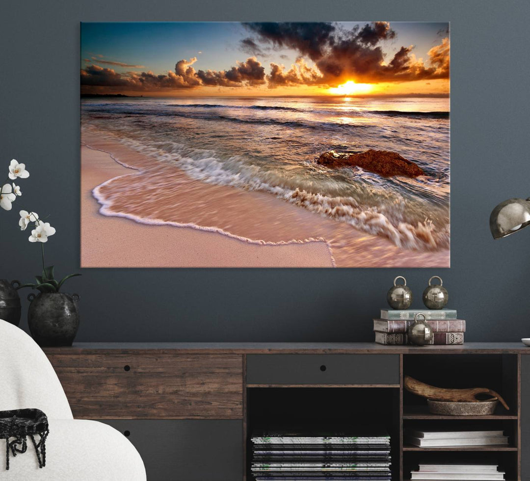 The Sunset on Ocean Wall Art Canvas Print beautifully captures a beach sunset, gentle waves, and a peaceful atmosphere.