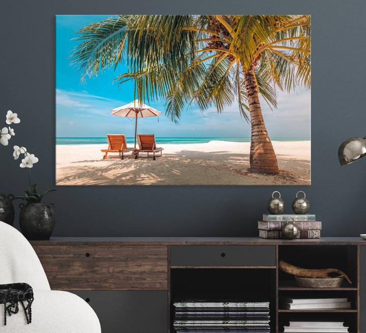 The 3-panel Tropical Beach Wall Art features palm trees and sun loungers, perfect for coastal decor.