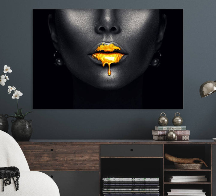 The Honey Gold Lips and Black Woman Photograph canvas print adds a striking touch to the room.