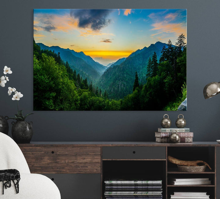 The Glamorous Landscape Canvas Wall Art is featured in the dining room.