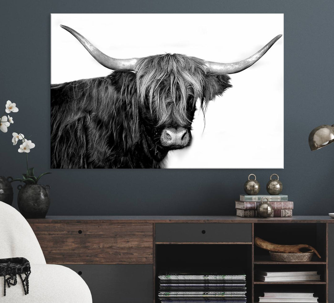 The Black and White Highland Cow Multi Panel Wall Art Canvas Print with UV-protection hangs prominently.