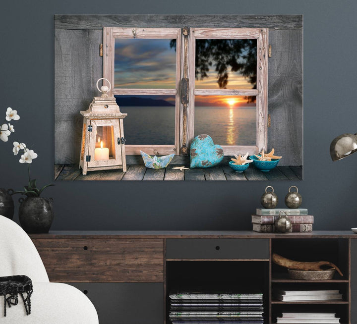 The Astonishing Sunset from the Window canvas print beautifully captures a sea view, accompanied by a lantern and starfish.