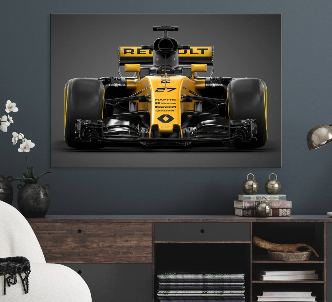 A yellow and black F1 Renault car canvas print with free shipping.