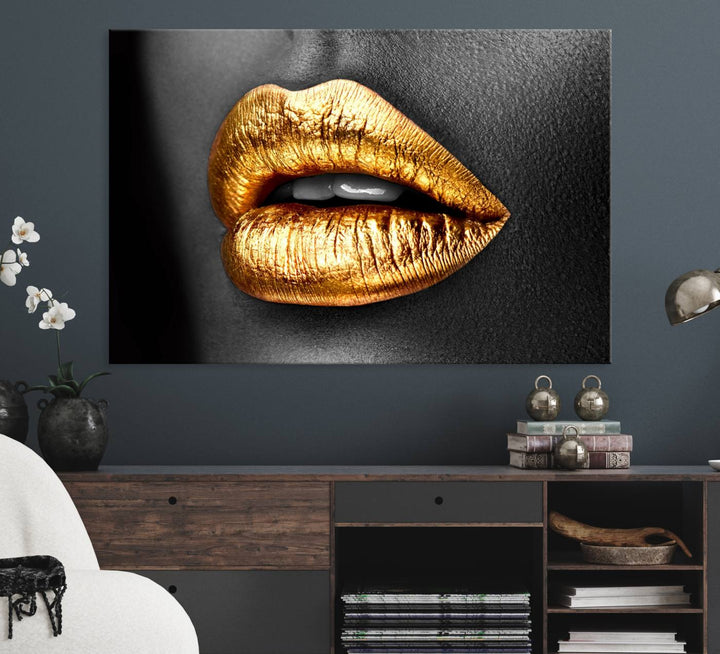 The Gold Lips Canvas Wall Art on a black background is showcased.