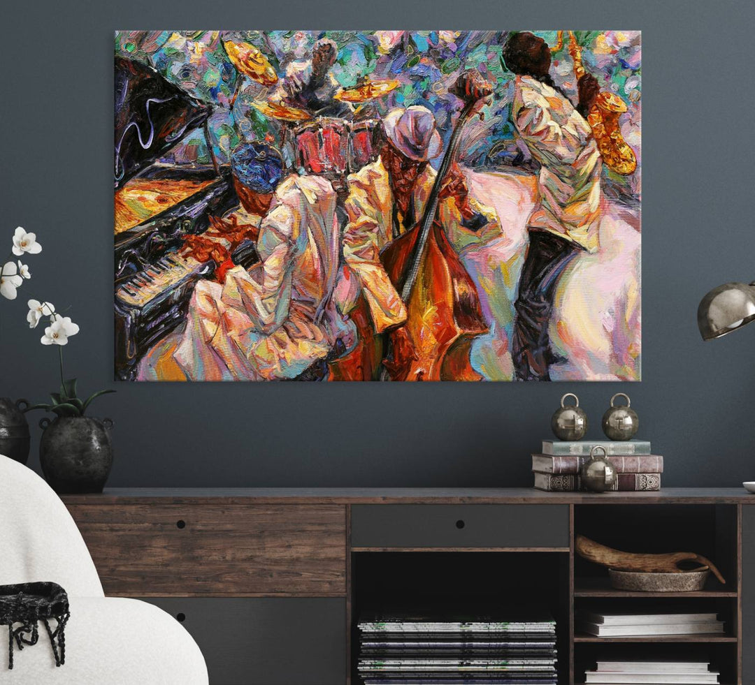 The wall features an African American Jazz Art Music Abstract Painting on Canvas.