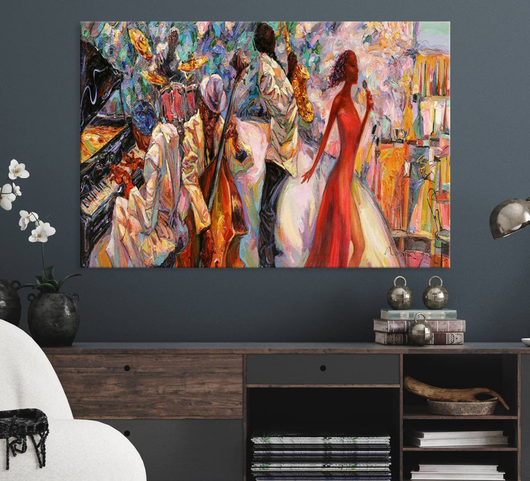 The Abstract Afro American Jazz Canvas captures a vibrant jazz band and showcases a woman dancing in red, making it perfect for dining or music spaces.