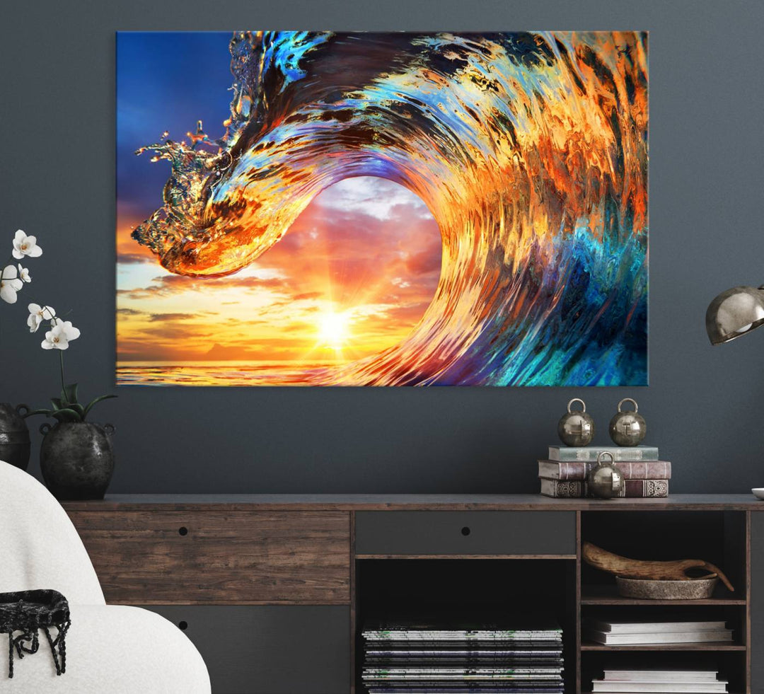 Wave Canvas Wall Art: A multi-panel sunset ocean scene that adds vibrant decor to any space.