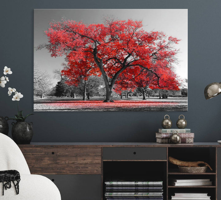 A Red Autumn Tree Canvas Wall Art Print of red leaves.