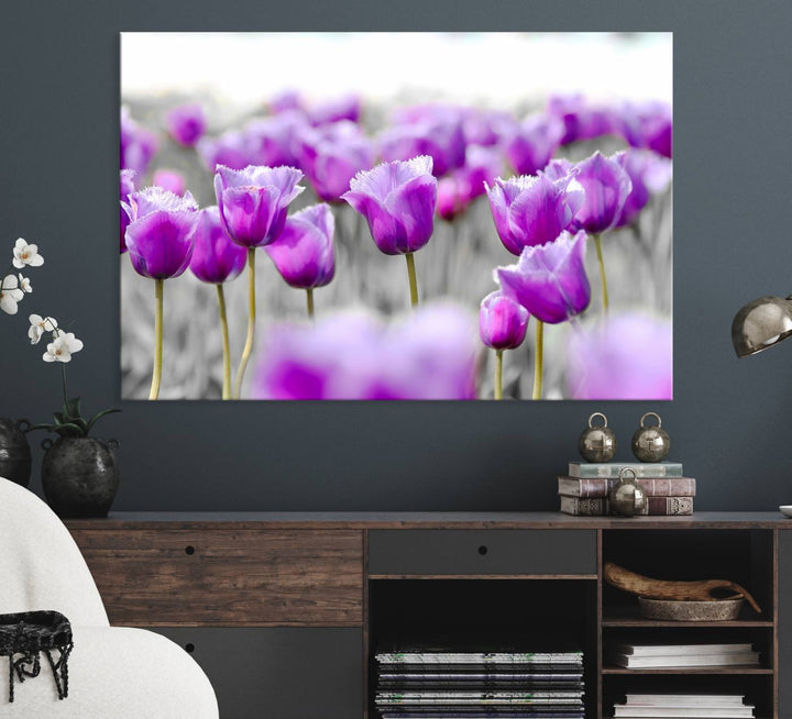 A gallery-wrapped Tulip Fields canvas wall art in a vivid purple hue.