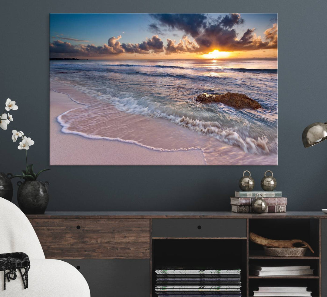 The room features a Sunset Beach Waves Canvas above the counter.