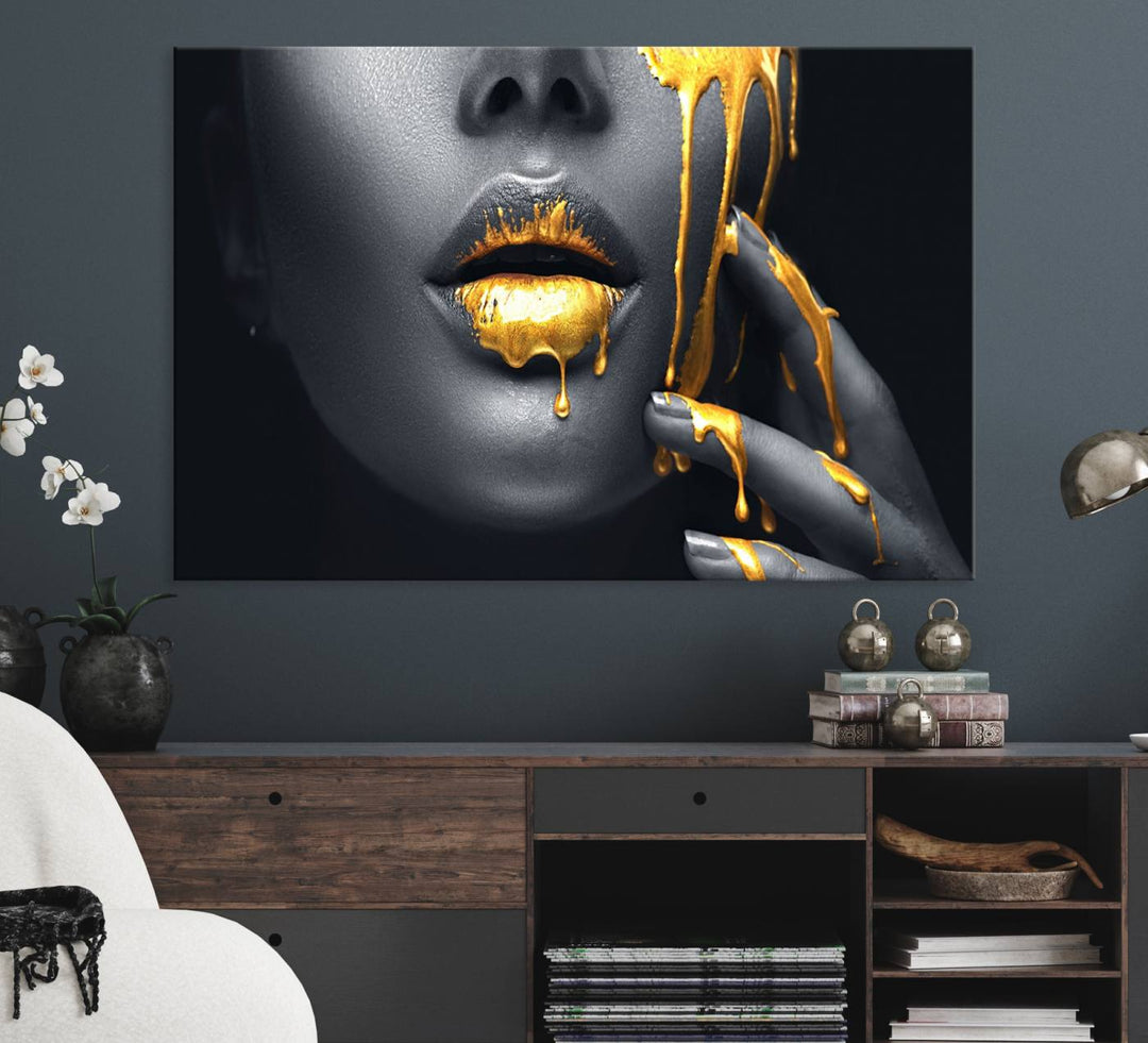 Above the dining area is the Gold Glitter Lips Fashion Makeup canvas wall art.