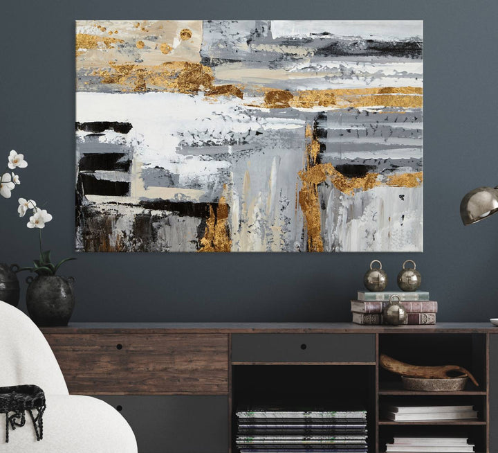 The Abstract Painting Canvas Wall Art in gray tones radiates modern elegance.